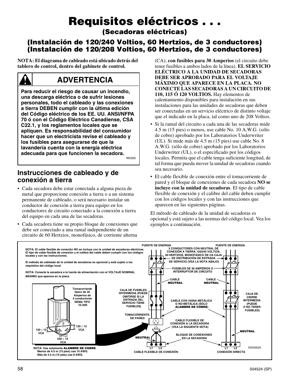 Requisitos eléctricos, Advertencia, Instrucciones de cableado y de conexión a tierra | Alliance Laundry Systems D355IE1B User Manual | Page 60 / 88