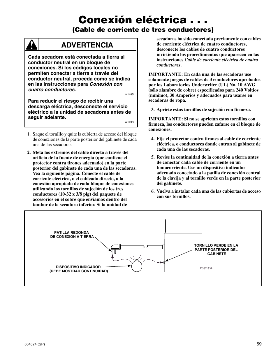 Conexión eléctrica, Advertencia, Cable de corriente de tres conductores) | Alliance Laundry Systems D355IE1B User Manual | Page 61 / 88