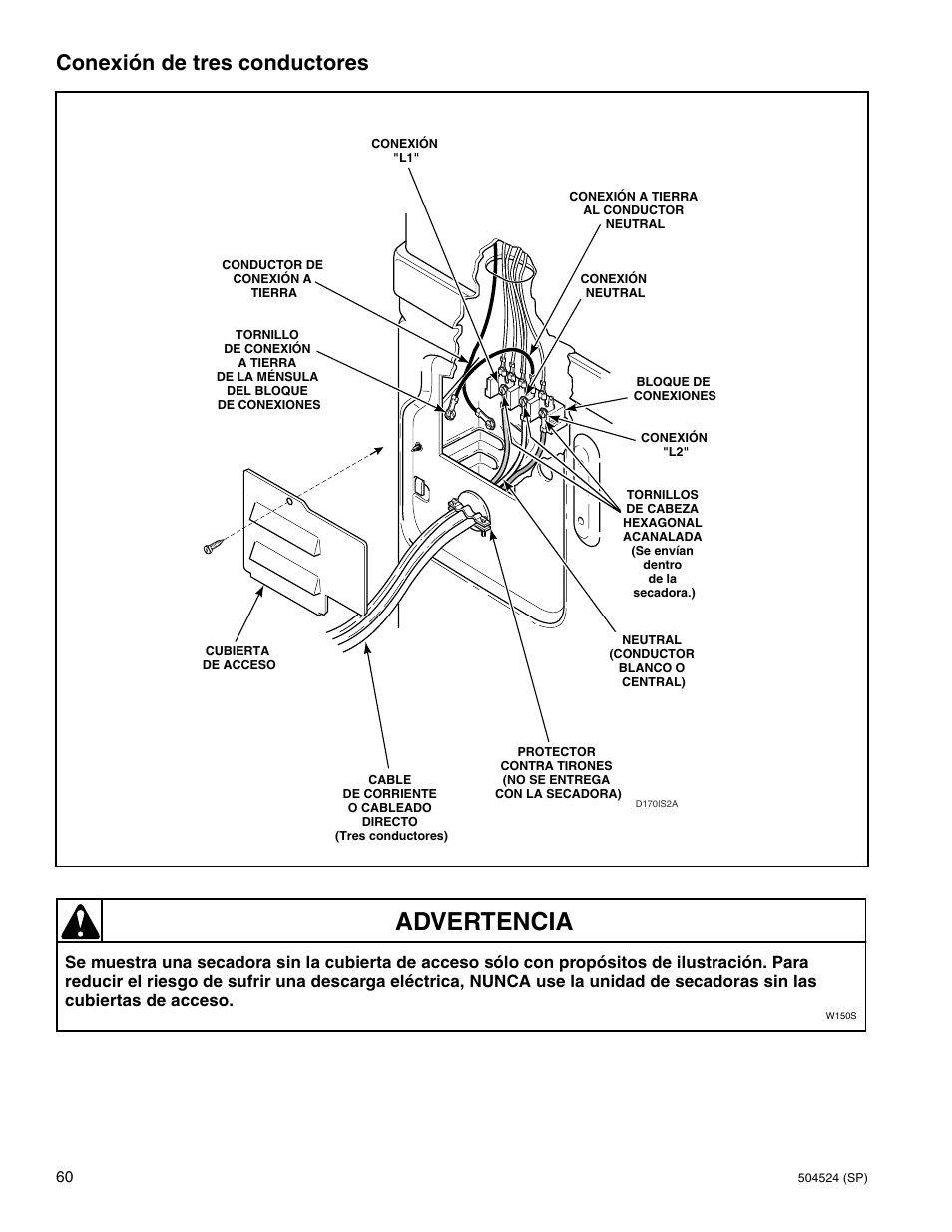Advertencia, Conexión de tres conductores | Alliance Laundry Systems D355IE1B User Manual | Page 62 / 88