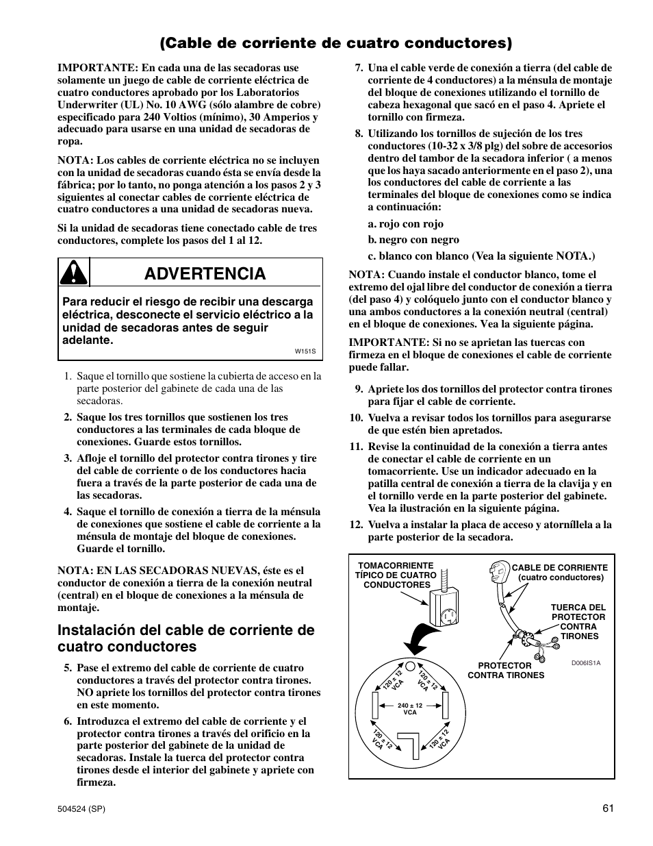Advertencia, Cable de corriente de cuatro conductores) | Alliance Laundry Systems D355IE1B User Manual | Page 63 / 88