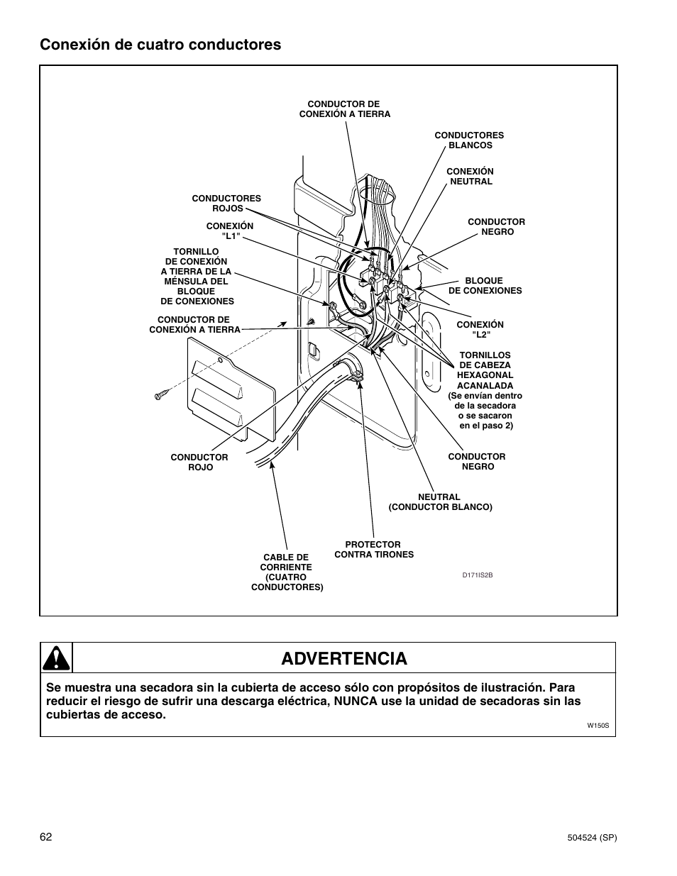 Advertencia, Conexión de cuatro conductores | Alliance Laundry Systems D355IE1B User Manual | Page 64 / 88