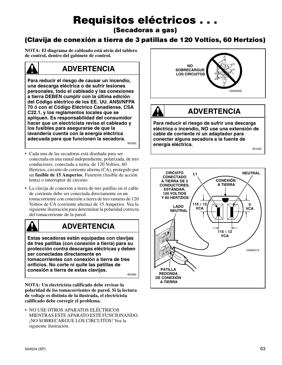 Requisitos eléctricos, Advertencia | Alliance Laundry Systems D355IE1B User Manual | Page 65 / 88