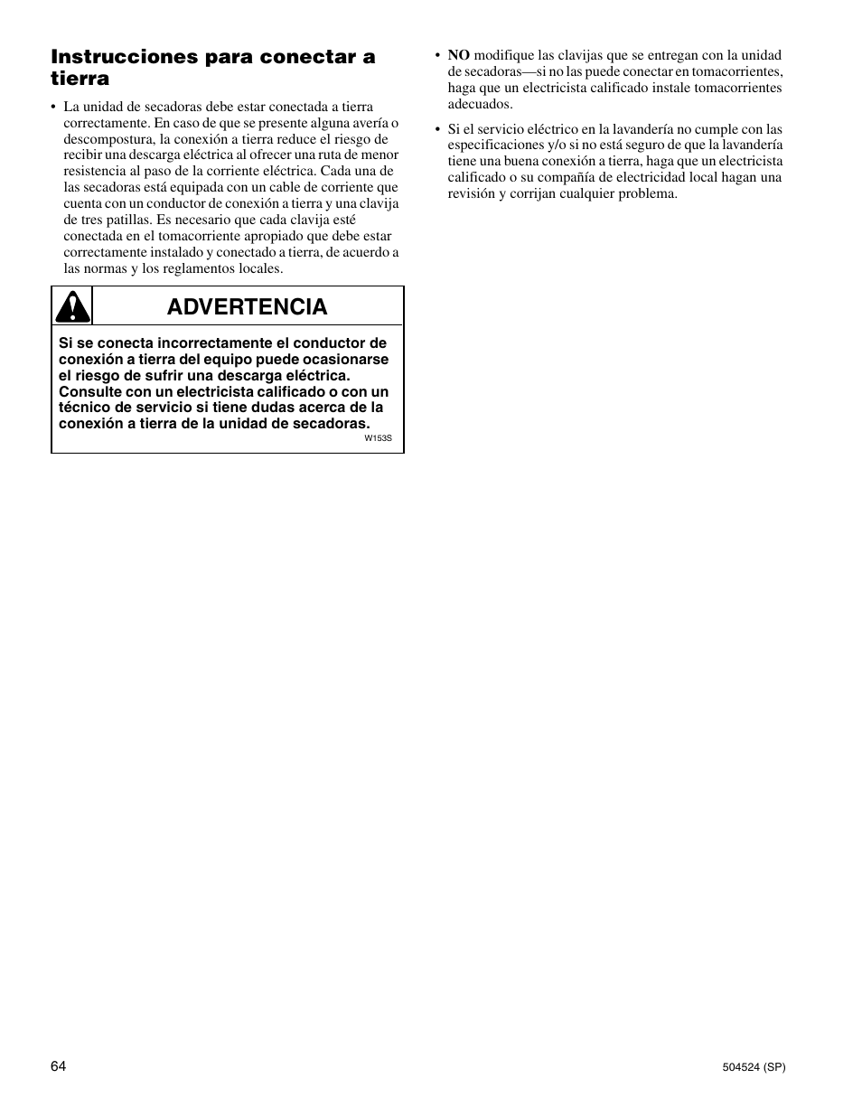 Advertencia, Instrucciones para conectar a tierra | Alliance Laundry Systems D355IE1B User Manual | Page 66 / 88