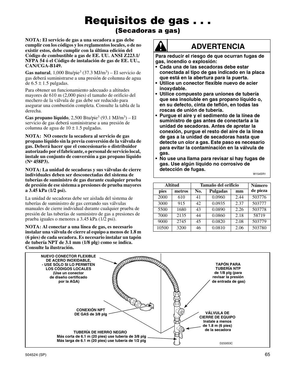 Requisitos de gas, Advertencia, Secadoras a gas) | Alliance Laundry Systems D355IE1B User Manual | Page 67 / 88