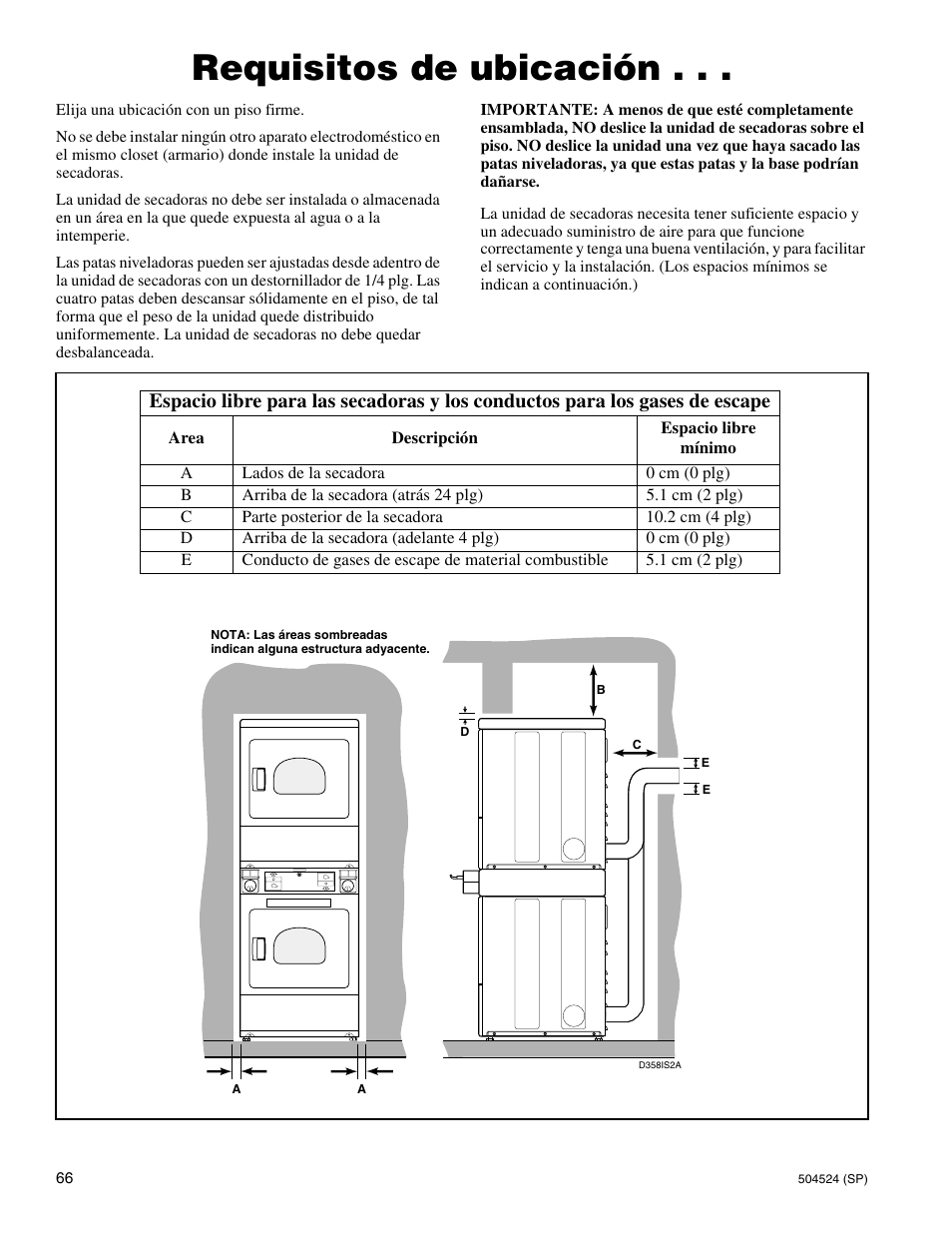 Requisitos de ubicación | Alliance Laundry Systems D355IE1B User Manual | Page 68 / 88