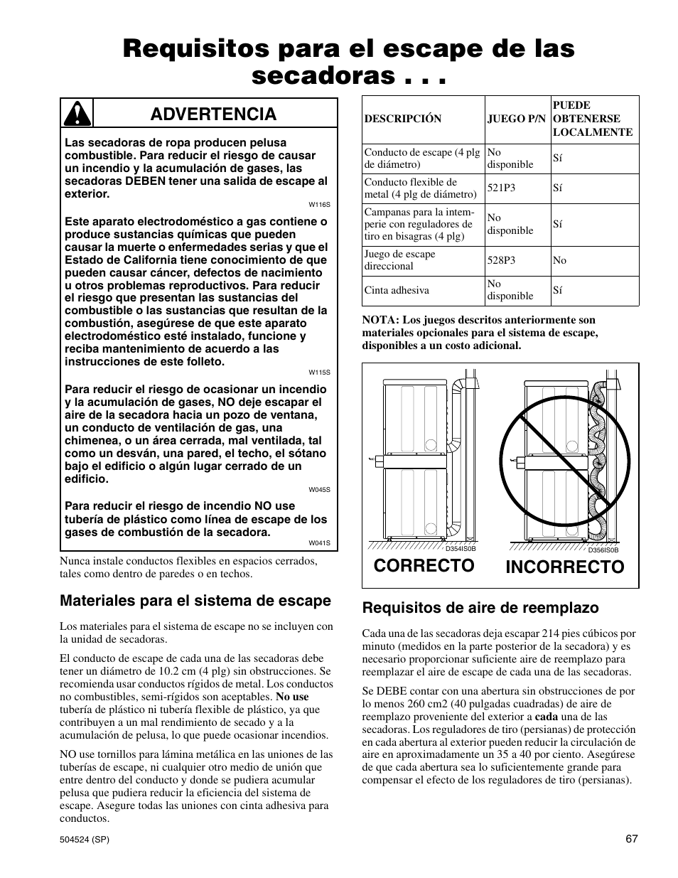 Requisitos para el escape de las secadoras, Advertencia, Incorrecto | Correcto, Materiales para el sistema de escape, Requisitos de aire de reemplazo | Alliance Laundry Systems D355IE1B User Manual | Page 69 / 88
