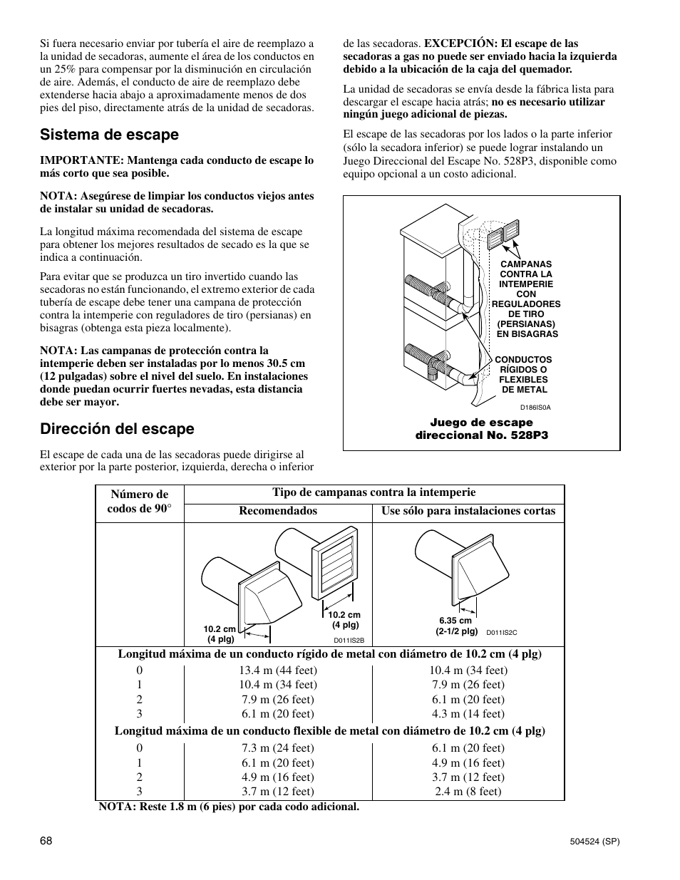 Sistema de escape, Dirección del escape | Alliance Laundry Systems D355IE1B User Manual | Page 70 / 88