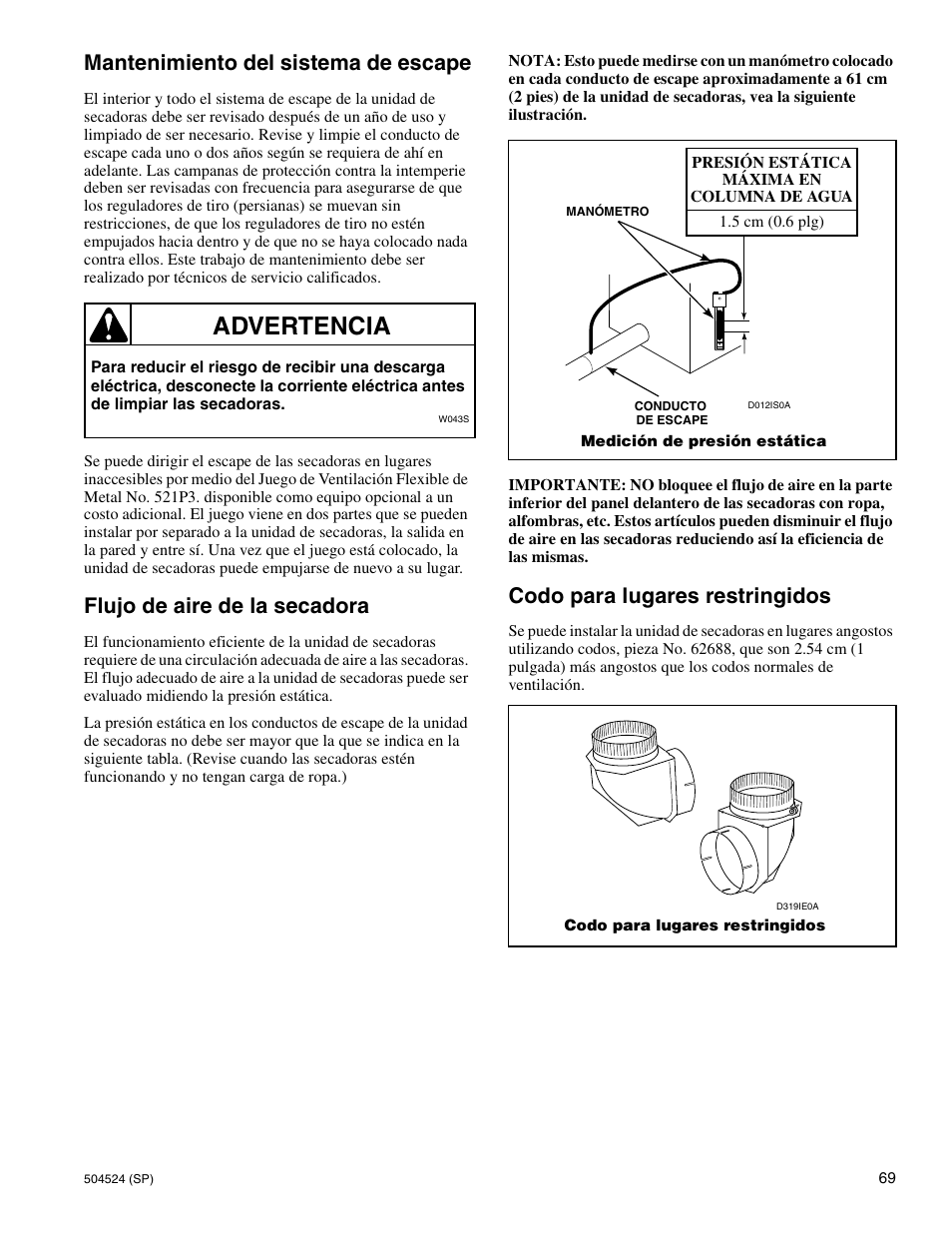 Advertencia, Mantenimiento del sistema de escape, Flujo de aire de la secadora | Codo para lugares restringidos | Alliance Laundry Systems D355IE1B User Manual | Page 71 / 88