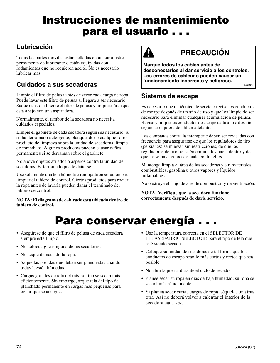 Para conservar energía, Instrucciones de mantenimiento para el usuario, Precaución | Alliance Laundry Systems D355IE1B User Manual | Page 76 / 88