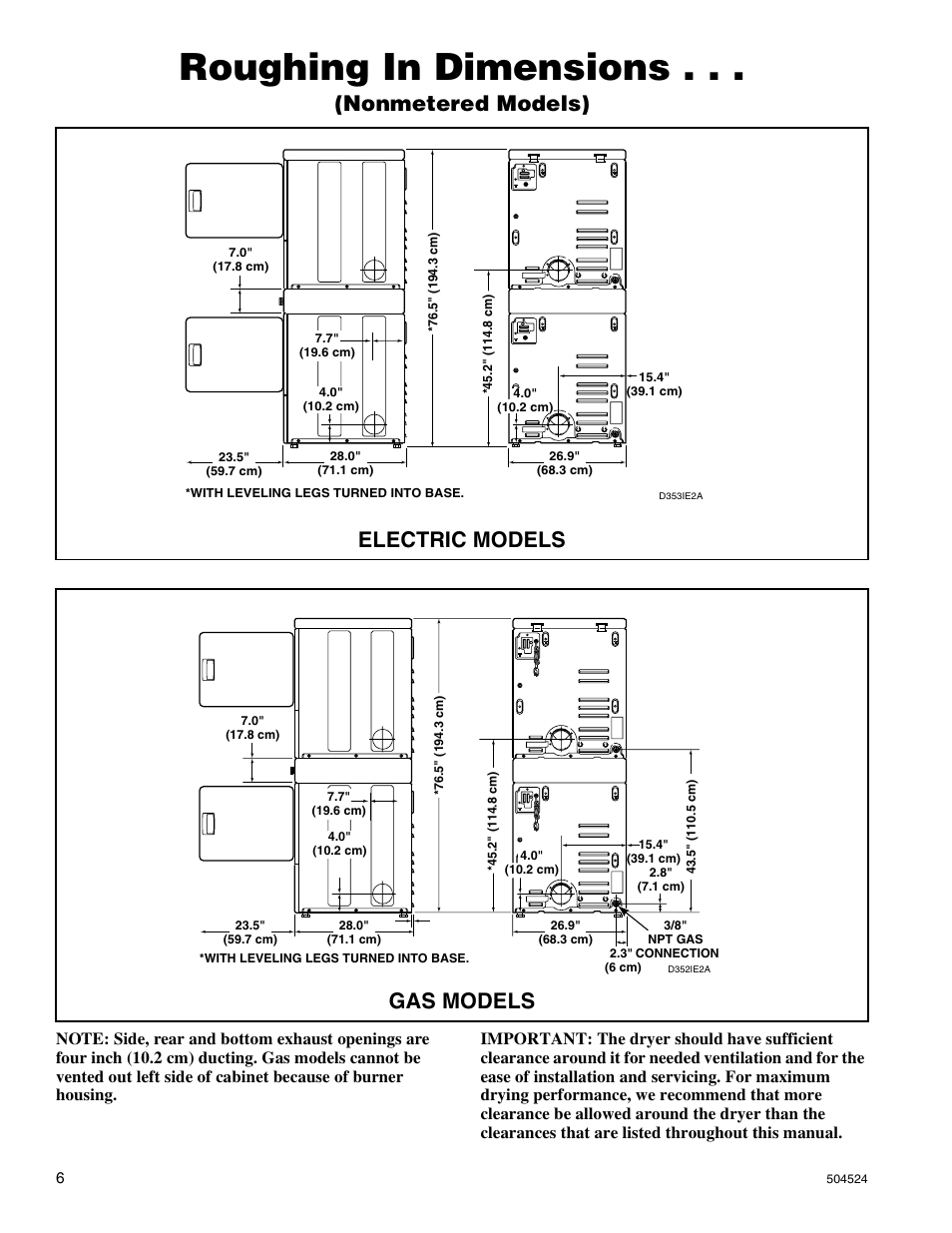 Roughing in dimensions, Nonmetered models), Electric models | Gas models | Alliance Laundry Systems D355IE1B User Manual | Page 8 / 88
