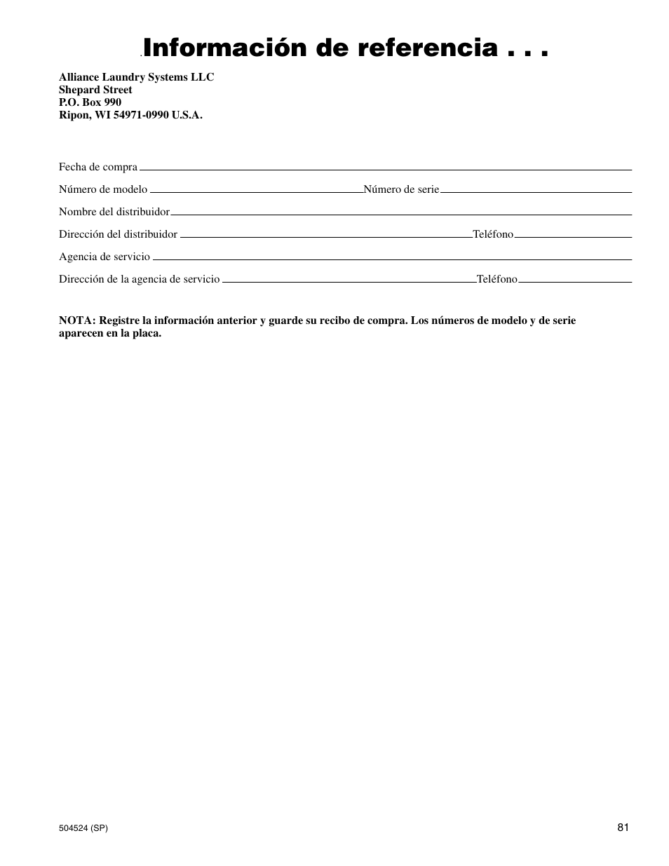 Información de referencia | Alliance Laundry Systems D355IE1B User Manual | Page 83 / 88