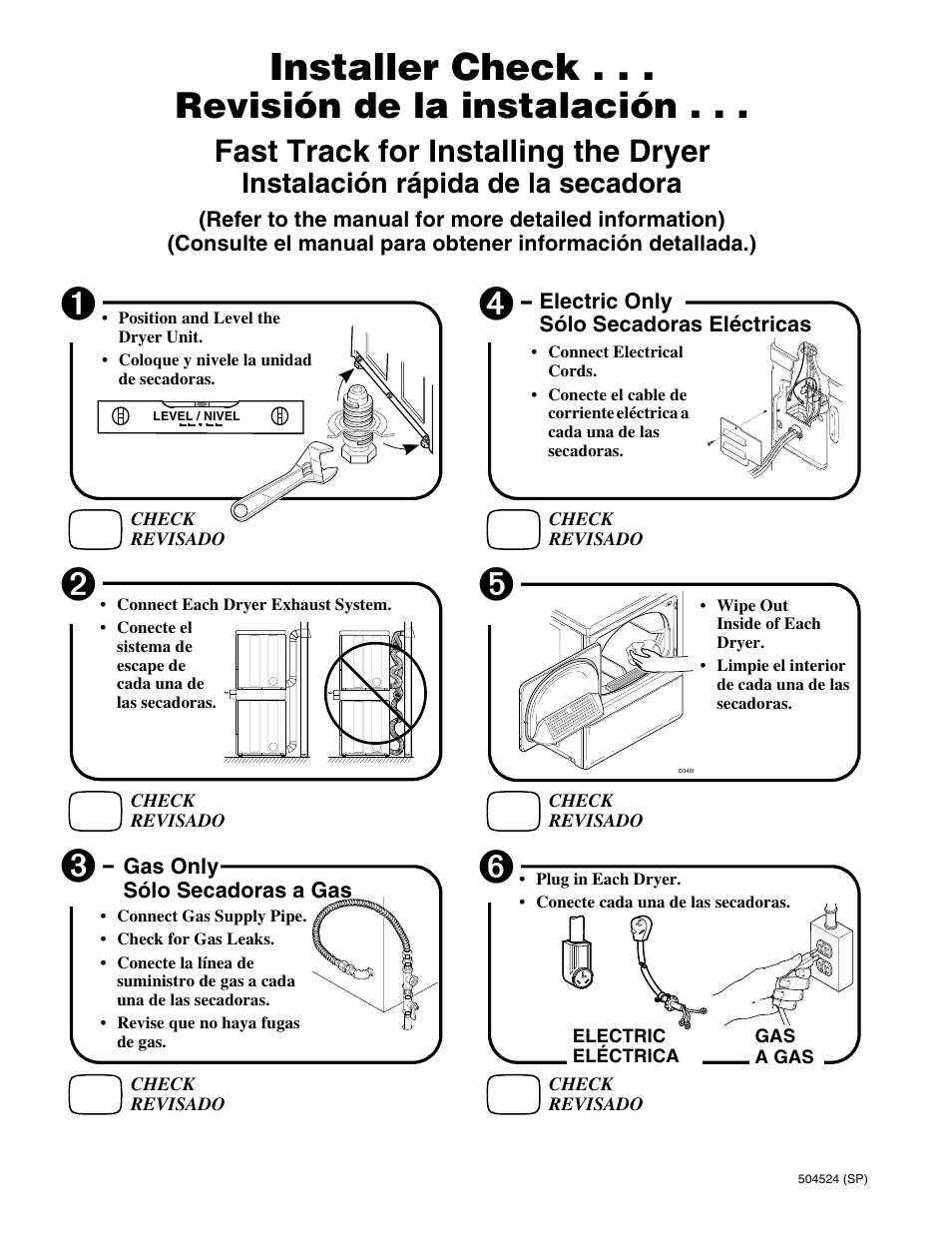 Installer check, Revisión de la instalación, Fast track for installing the dryer | Instalación rápida de la secadora | Alliance Laundry Systems D355IE1B User Manual | Page 88 / 88