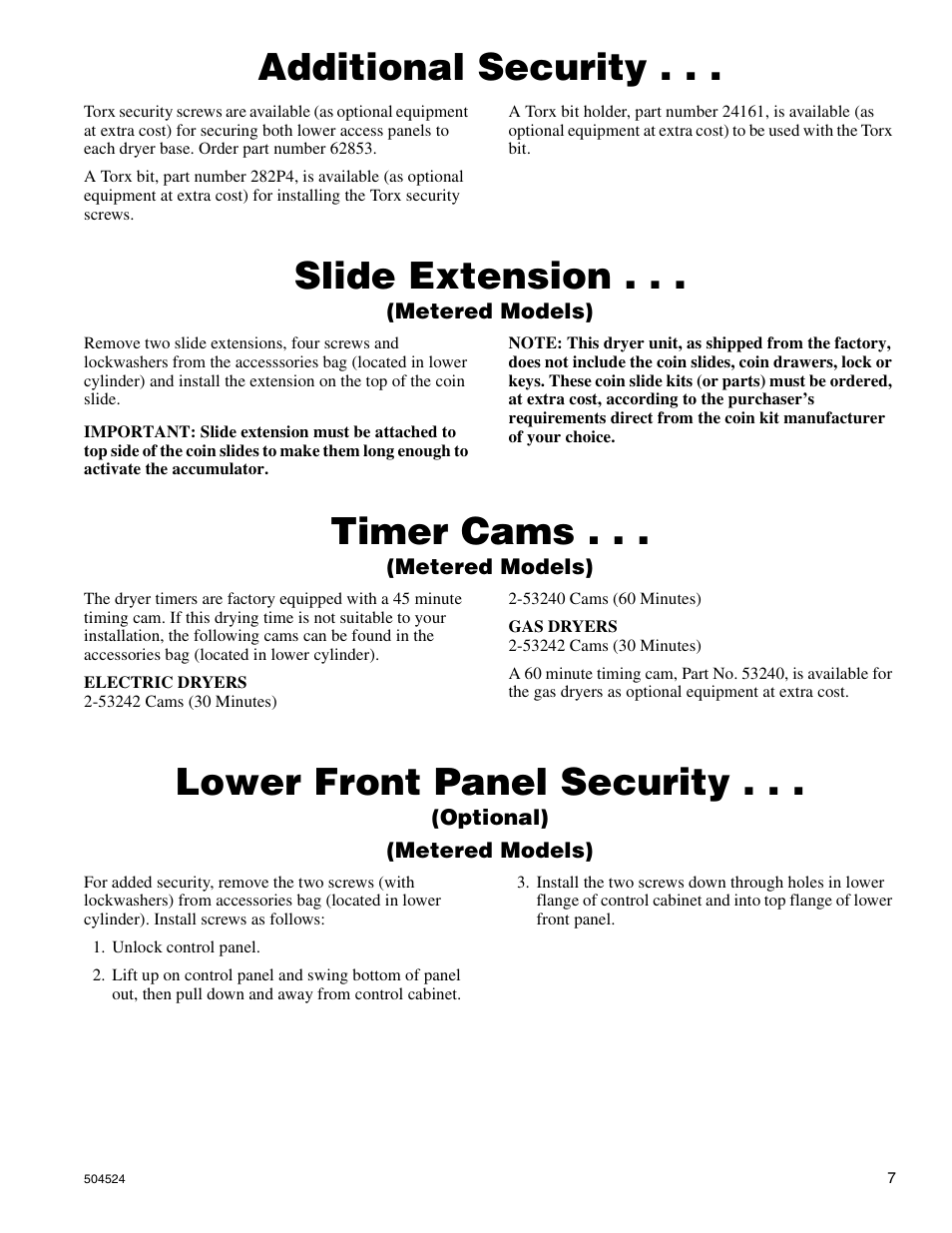 Additional security, Slide extension, Timer cams | Lower front panel security | Alliance Laundry Systems D355IE1B User Manual | Page 9 / 88