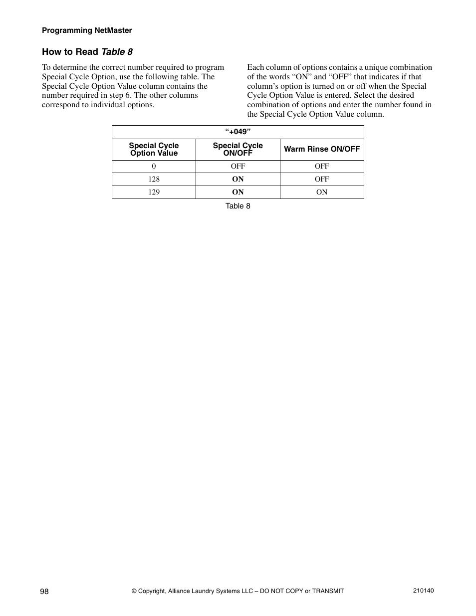Table 8 o, Table 8 | Alliance Laundry Systems HWTB21 User Manual | Page 100 / 134