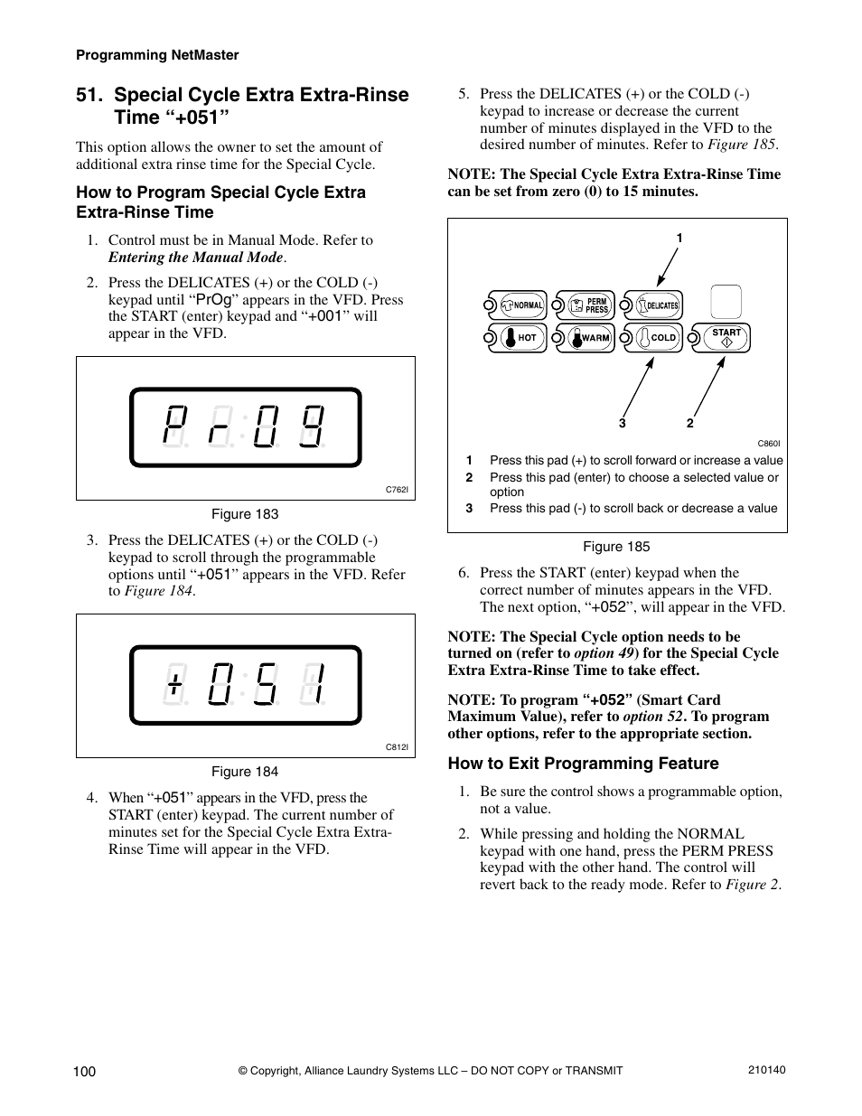 Option 51, Special cycle extra extra-rinse time “+051 | Alliance Laundry Systems HWTB21 User Manual | Page 102 / 134