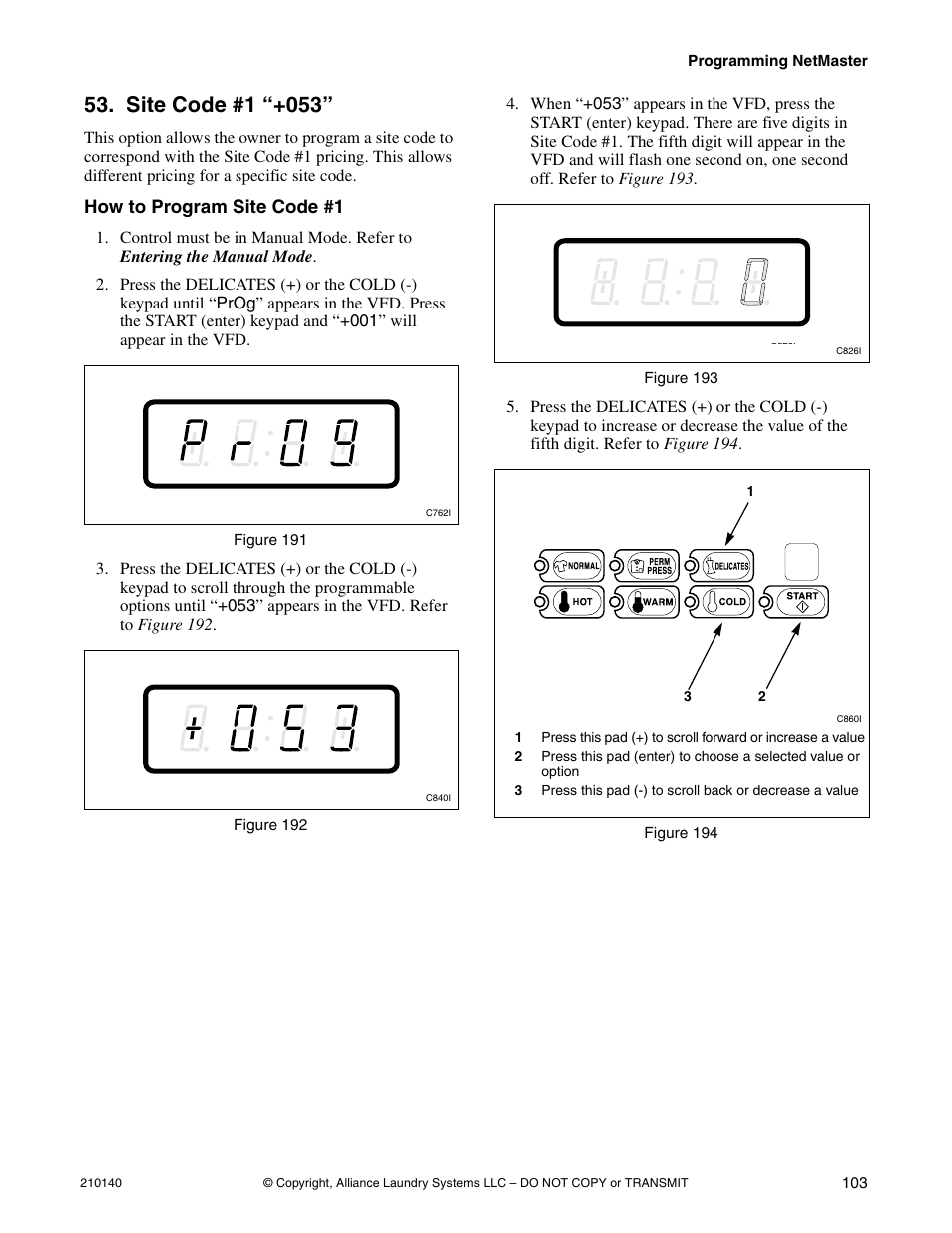 Site code #1 “+053, How to program site code #1 | Alliance Laundry Systems HWTB21 User Manual | Page 105 / 134