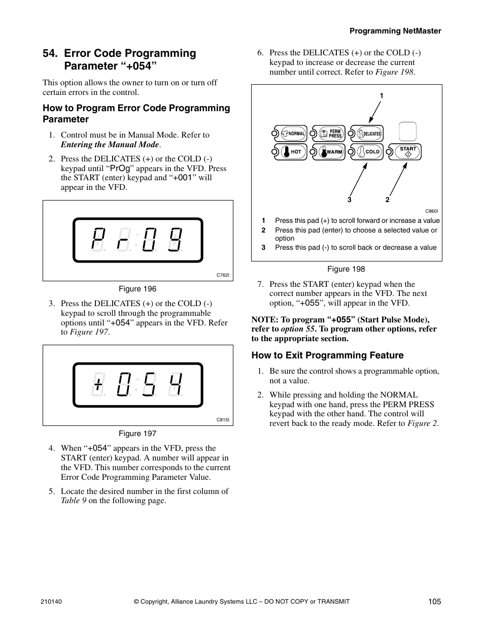 Error code programming parameter “+054 | Alliance Laundry Systems HWTB21 User Manual | Page 107 / 134