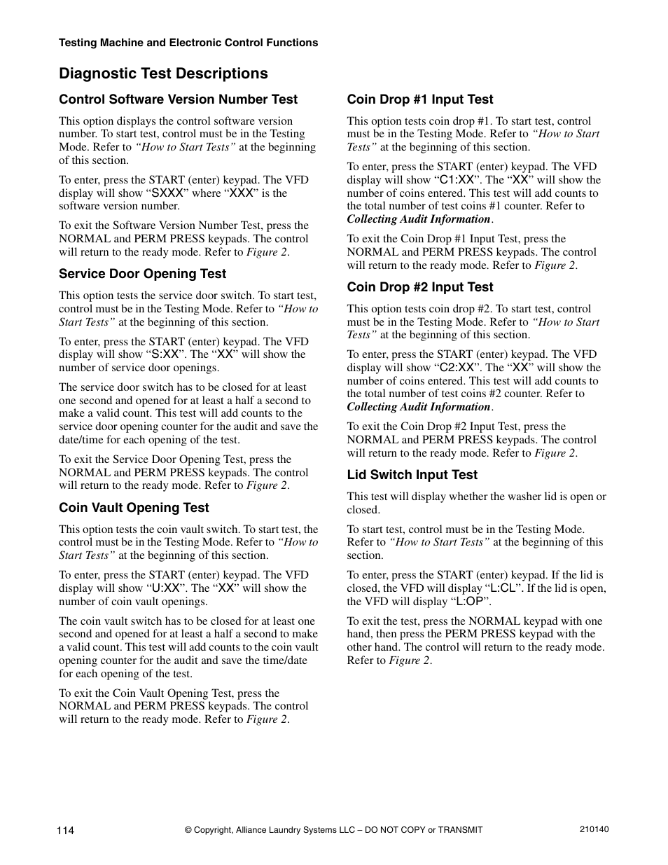 Diagnostic test descriptions | Alliance Laundry Systems HWTB21 User Manual | Page 116 / 134