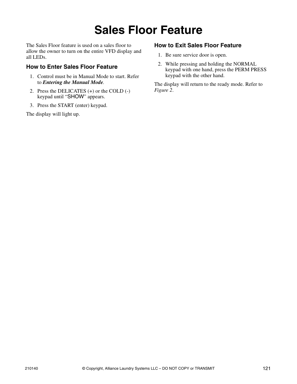 Sales floor feature | Alliance Laundry Systems HWTB21 User Manual | Page 123 / 134