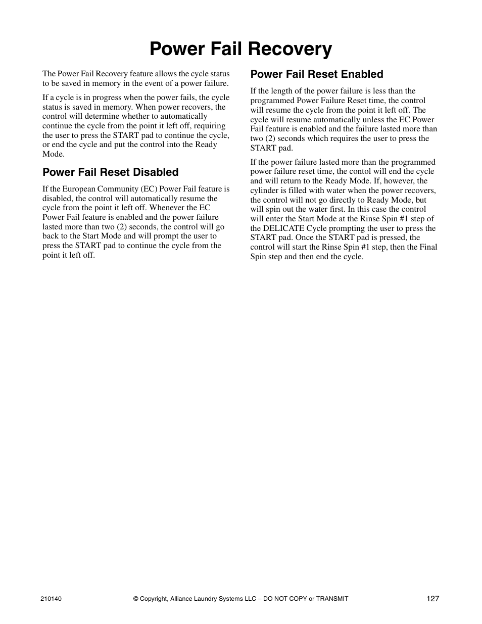 Power fail recovery | Alliance Laundry Systems HWTB21 User Manual | Page 129 / 134