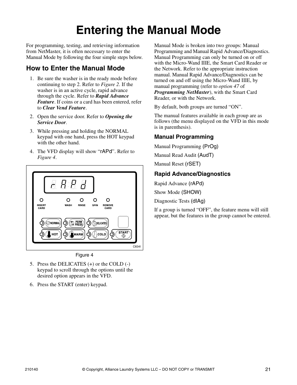 Entering the manual mode, How to enter the manual mode | Alliance Laundry Systems HWTB21 User Manual | Page 23 / 134