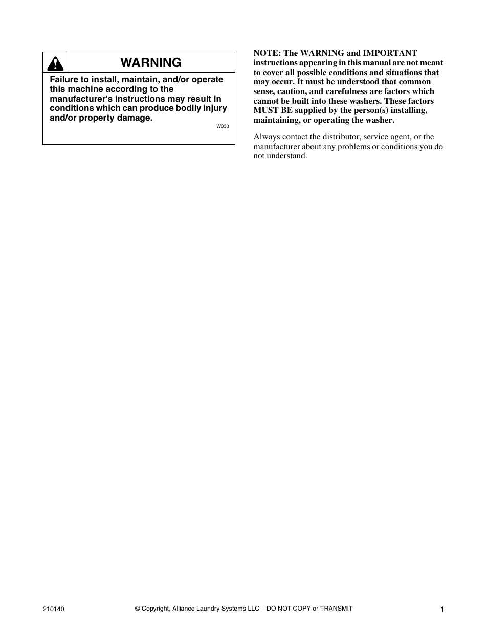 Warning | Alliance Laundry Systems HWTB21 User Manual | Page 3 / 134