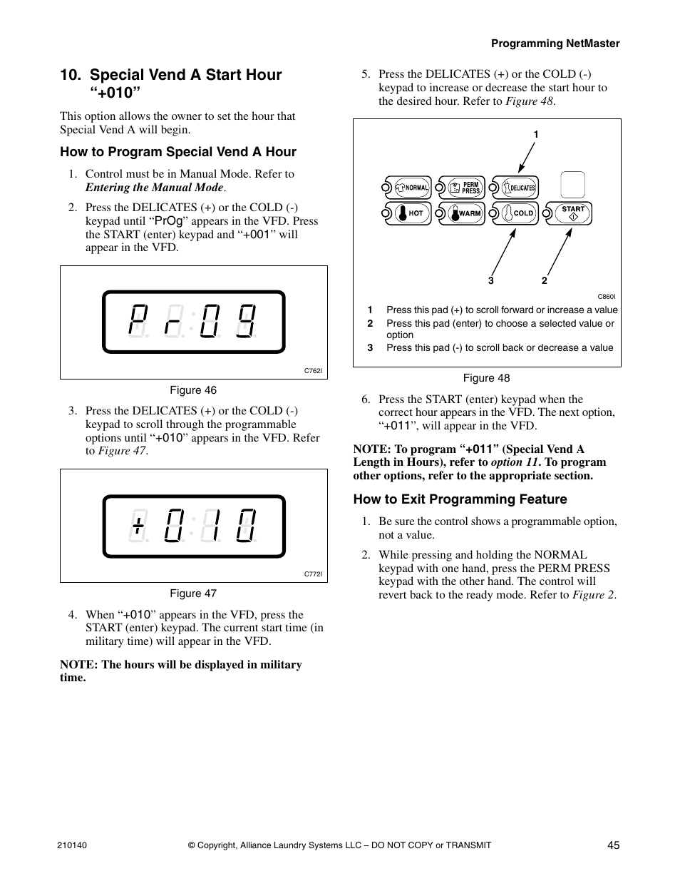Option 10 . t, Special vend a start hour “+010 | Alliance Laundry Systems HWTB21 User Manual | Page 47 / 134