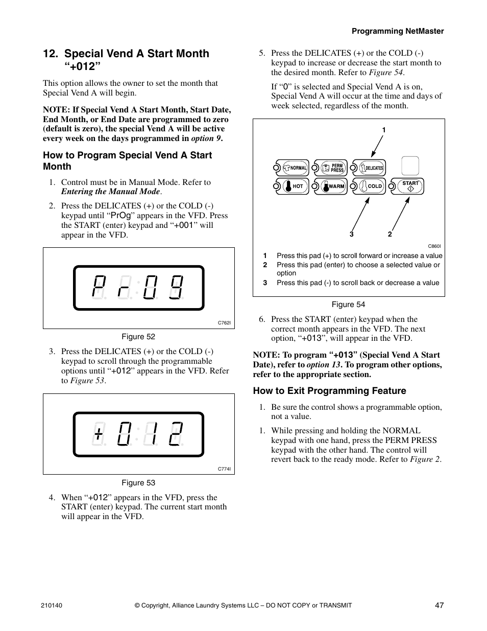Option 12, Special vend a start month “+012 | Alliance Laundry Systems HWTB21 User Manual | Page 49 / 134