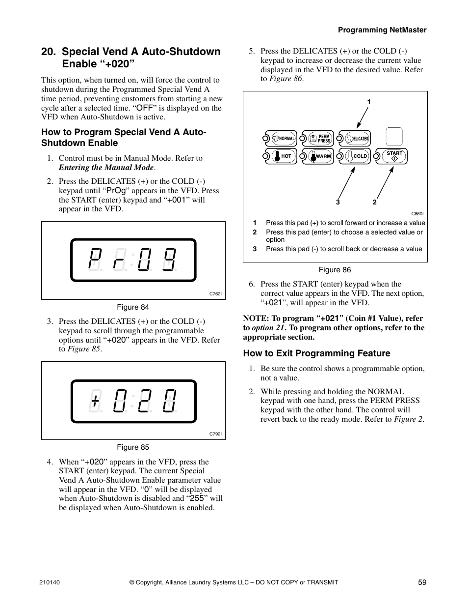 Special vend a auto-shutdown enable “+020 | Alliance Laundry Systems HWTB21 User Manual | Page 61 / 134