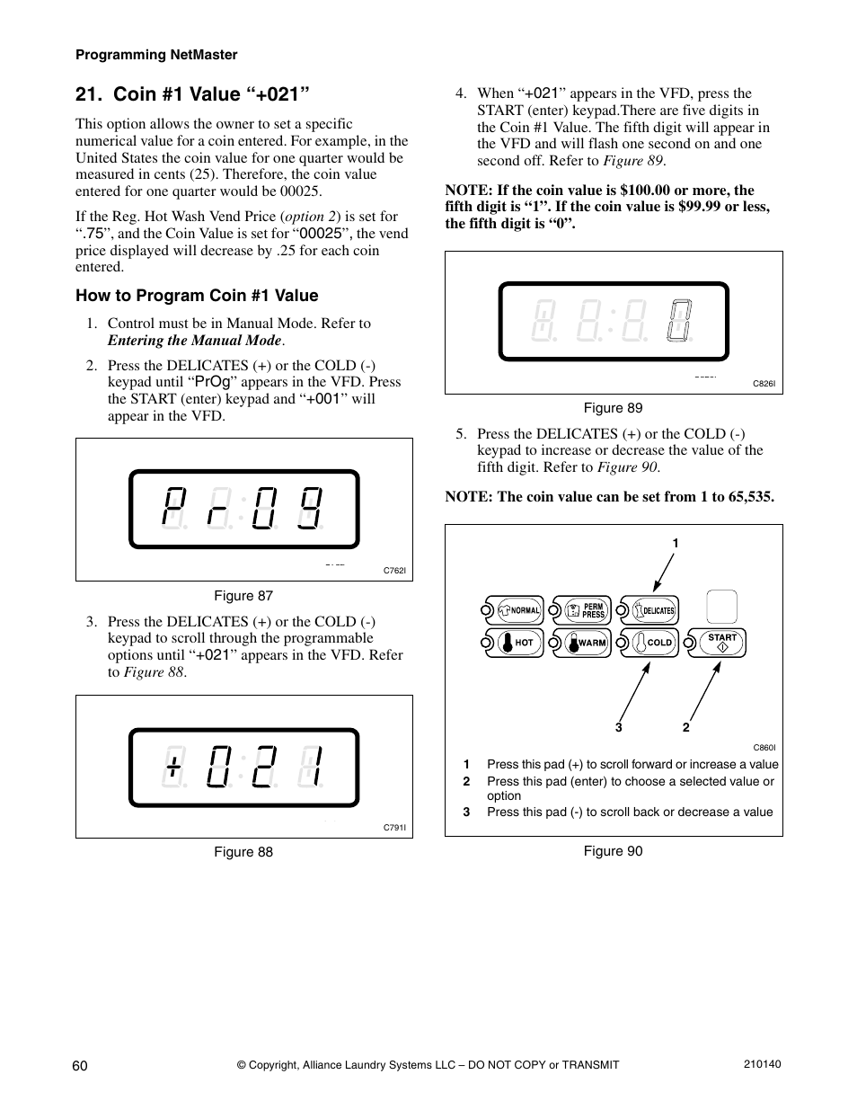 Option 21, Coin #1 value “+021 | Alliance Laundry Systems HWTB21 User Manual | Page 62 / 134