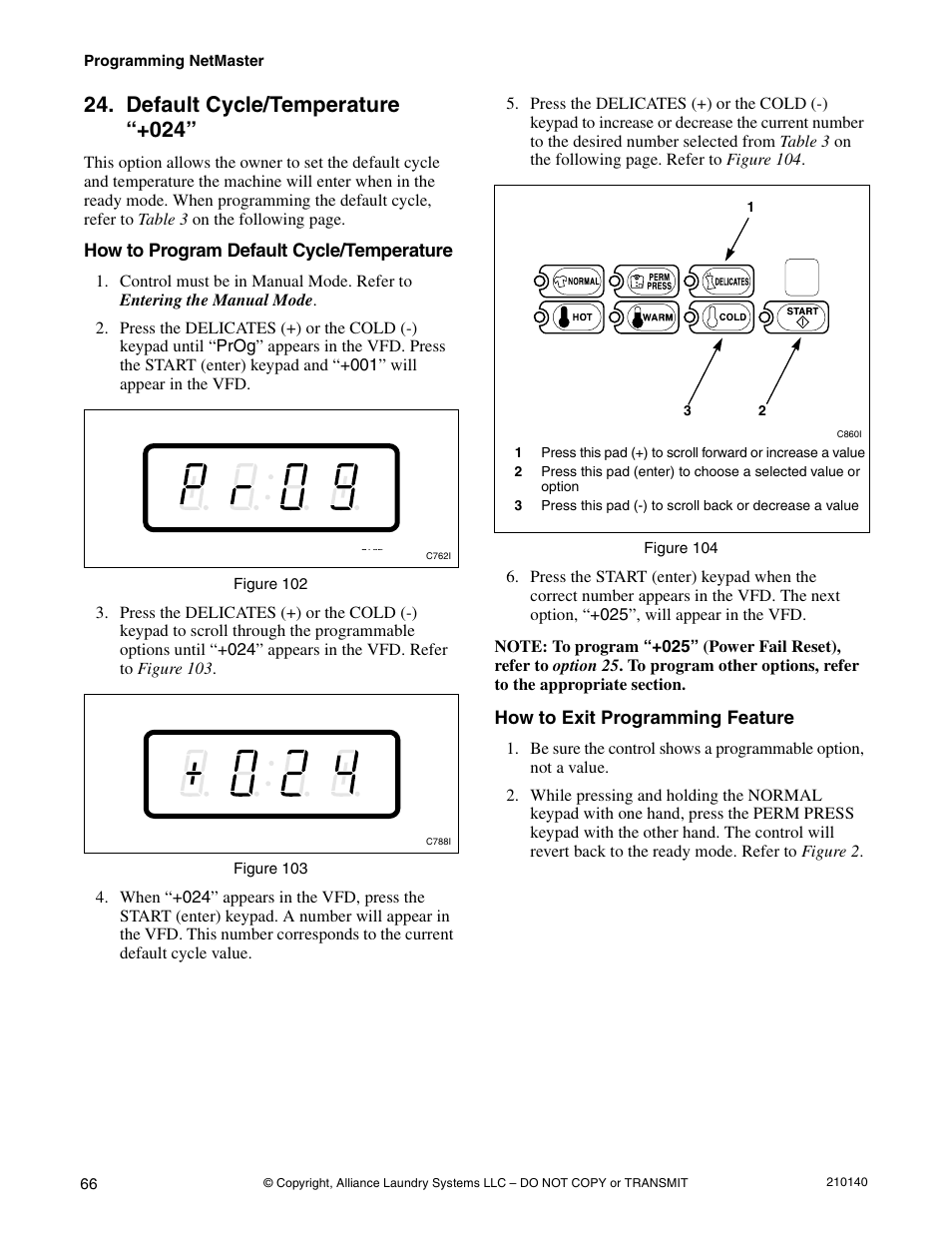 Default cycle/temperature “+024 | Alliance Laundry Systems HWTB21 User Manual | Page 68 / 134