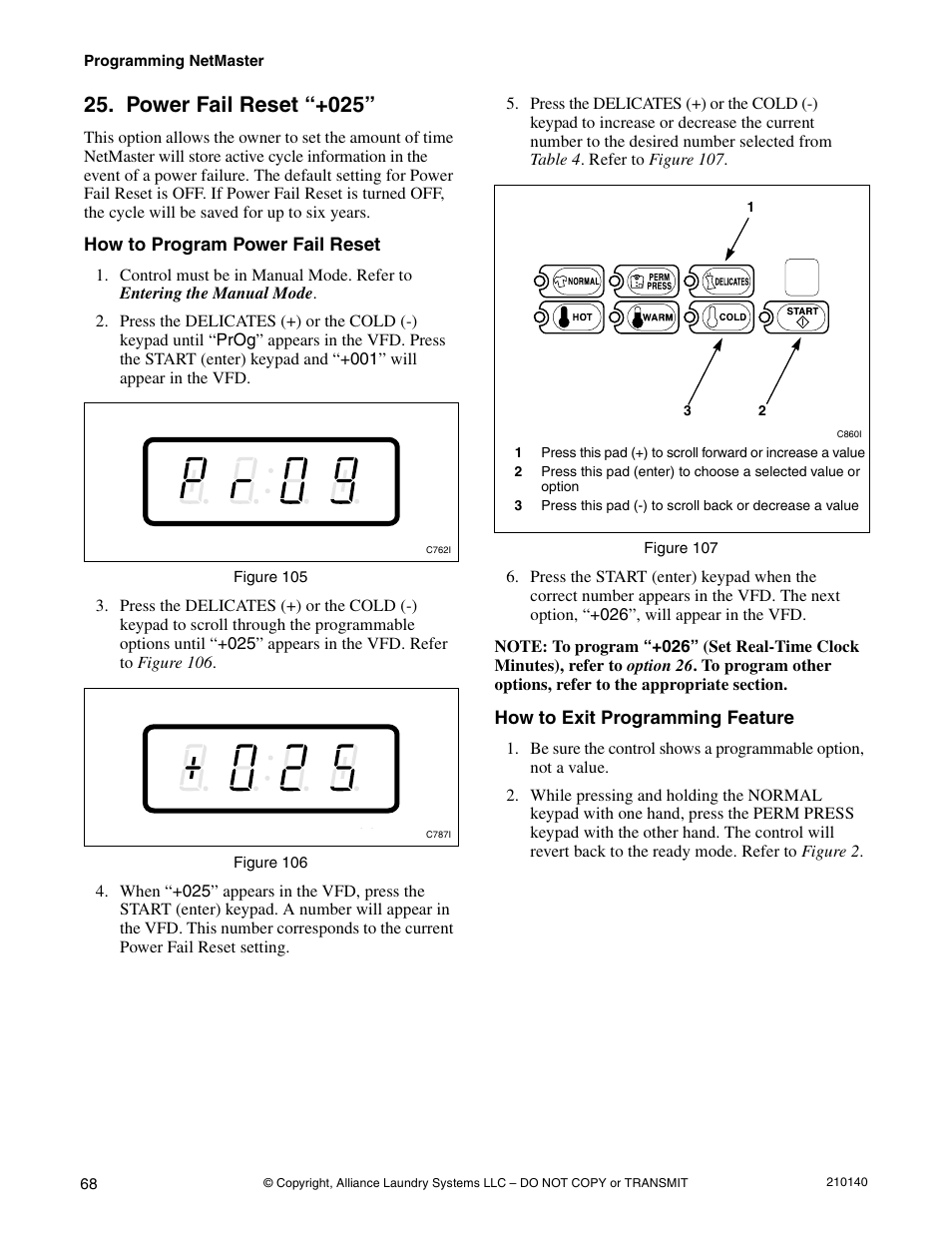 Option 25, Power fail reset “+025 | Alliance Laundry Systems HWTB21 User Manual | Page 70 / 134