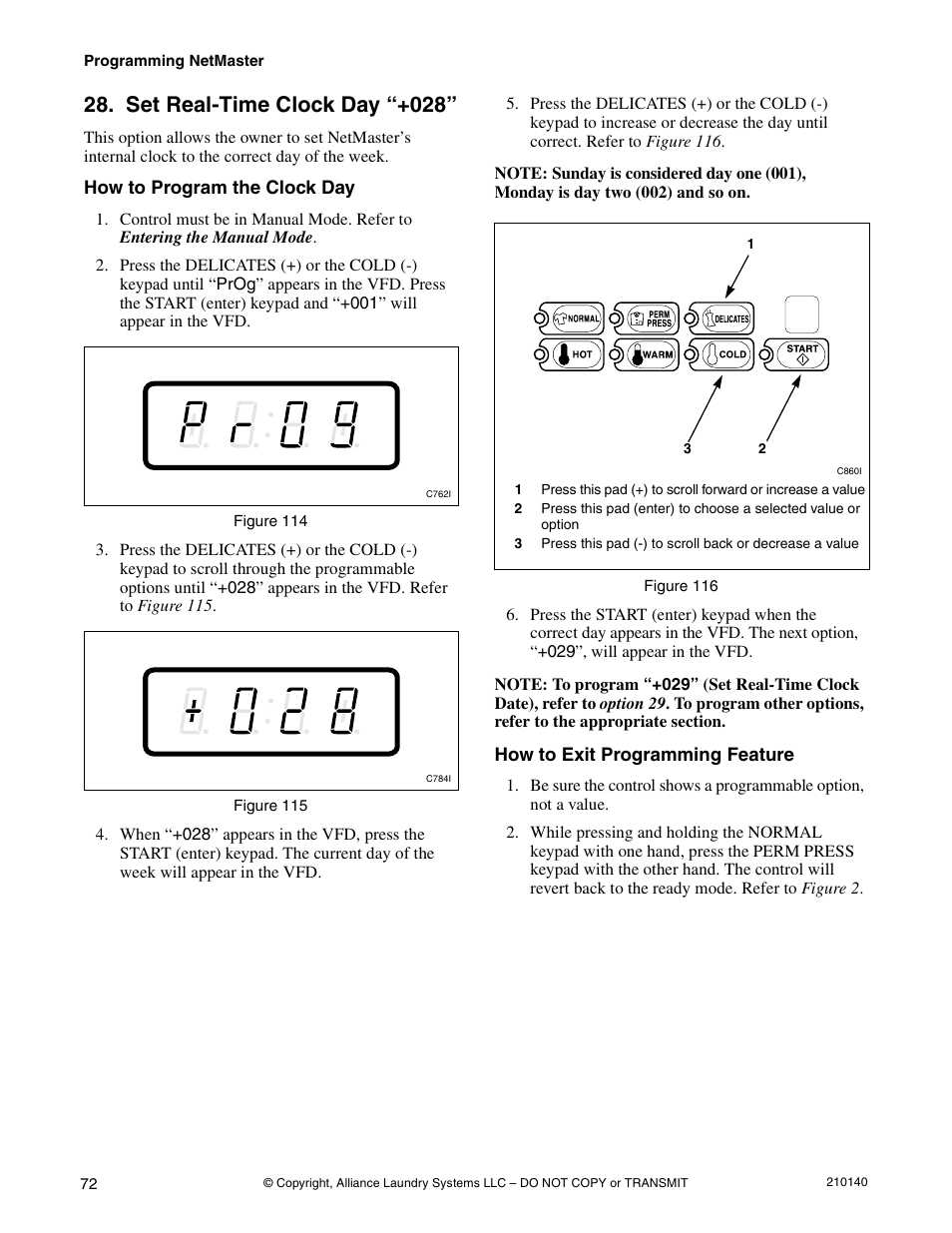 Option 28, Set real-time clock day “+028 | Alliance Laundry Systems HWTB21 User Manual | Page 74 / 134