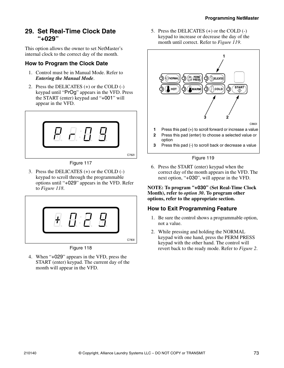 Option 29, Set real-time clock date “+029 | Alliance Laundry Systems HWTB21 User Manual | Page 75 / 134