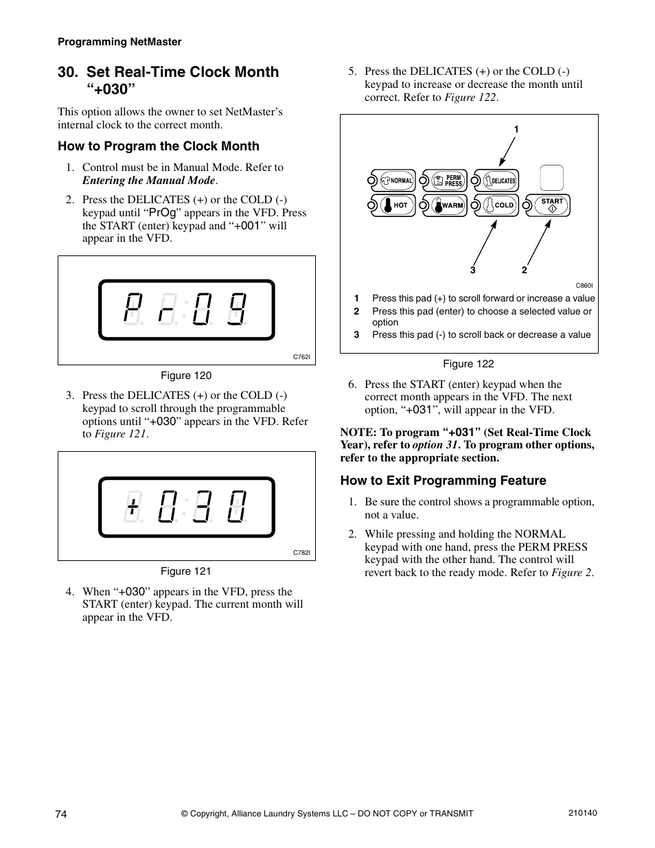 Option 30, Set real-time clock month “+030 | Alliance Laundry Systems HWTB21 User Manual | Page 76 / 134
