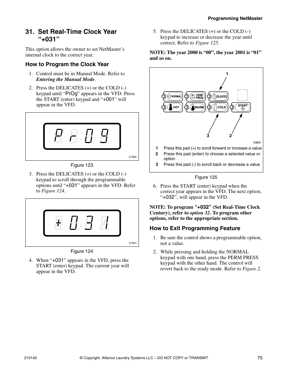Option 31, Set real-time clock year “+031 | Alliance Laundry Systems HWTB21 User Manual | Page 77 / 134