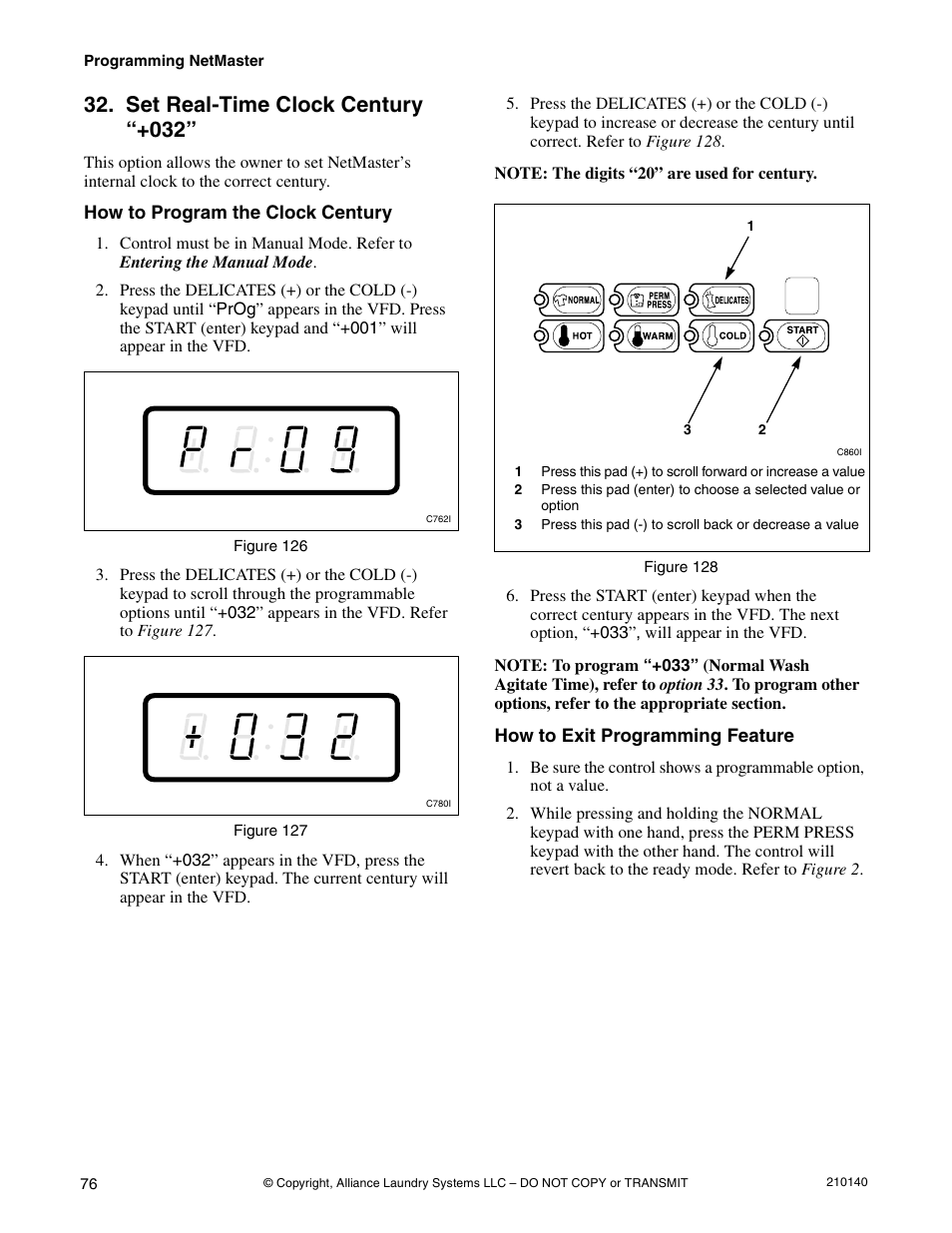 Option 32, Set real-time clock century “+032 | Alliance Laundry Systems HWTB21 User Manual | Page 78 / 134