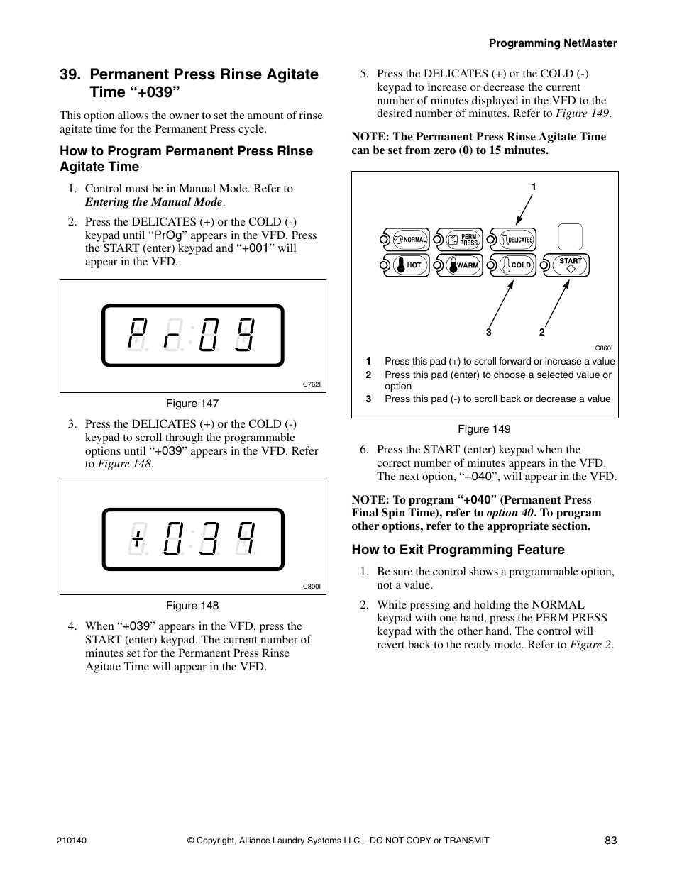 Option 39 . t, Permanent press rinse agitate time “+039 | Alliance Laundry Systems HWTB21 User Manual | Page 85 / 134