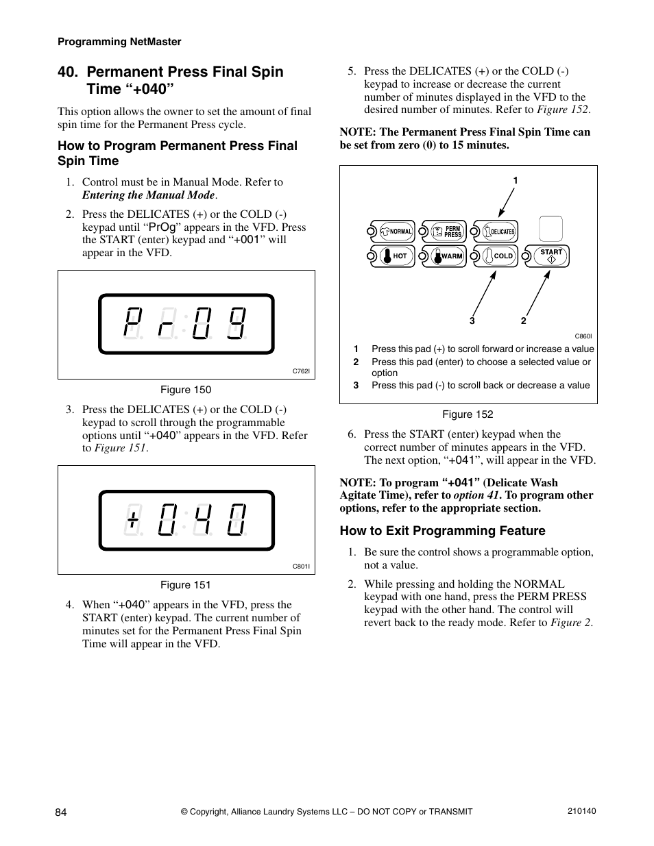 Option 40, Permanent press final spin time “+040 | Alliance Laundry Systems HWTB21 User Manual | Page 86 / 134