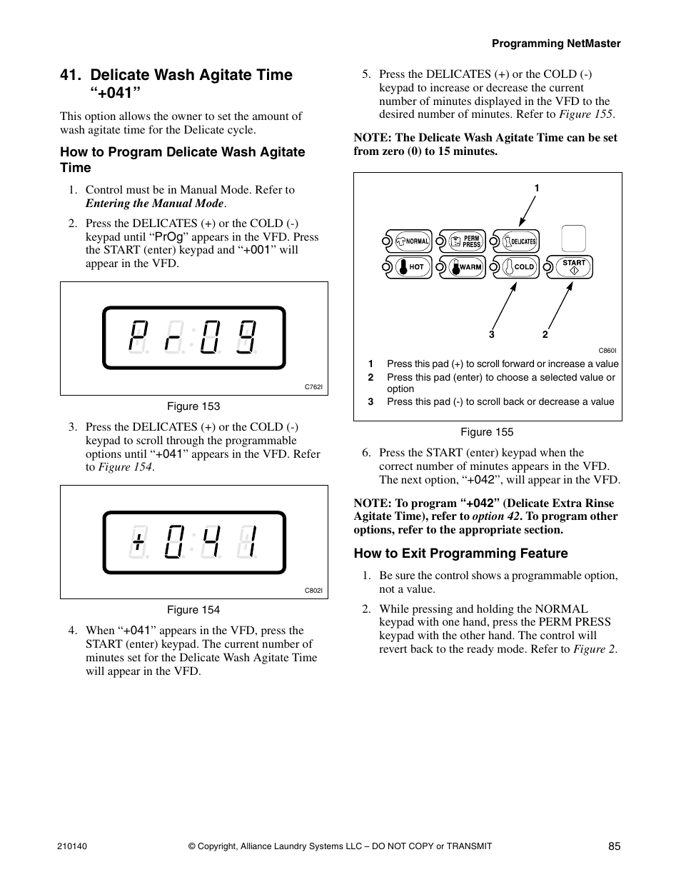 Option 41, Delicate wash agitate time “+041 | Alliance Laundry Systems HWTB21 User Manual | Page 87 / 134