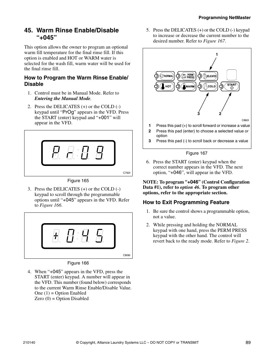 Option 45 . t, Warm rinse enable/disable “+045 | Alliance Laundry Systems HWTB21 User Manual | Page 91 / 134