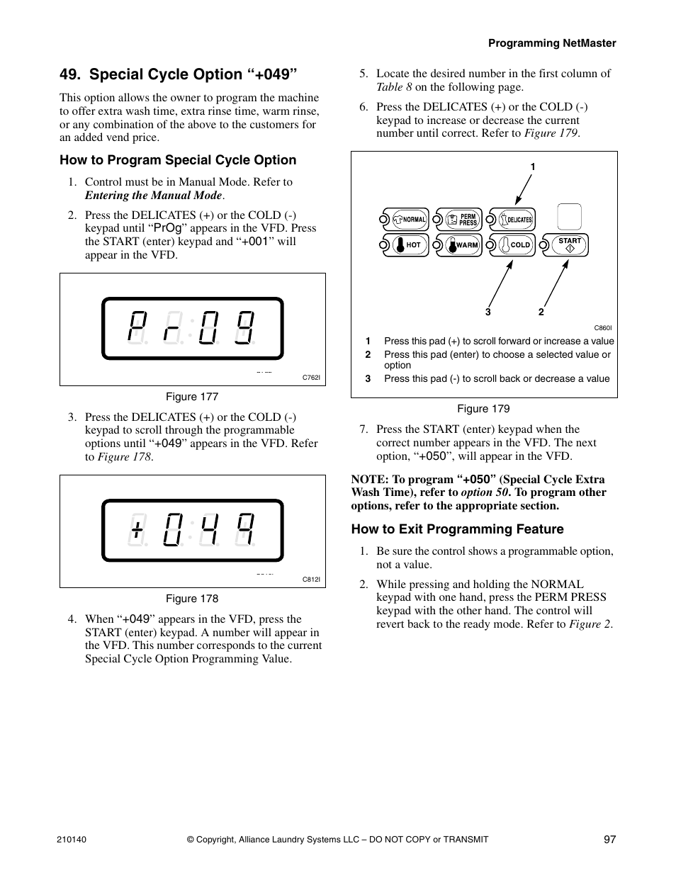 Option 49, Option 49 . t, Special cycle option “+049 | Alliance Laundry Systems HWTB21 User Manual | Page 99 / 134