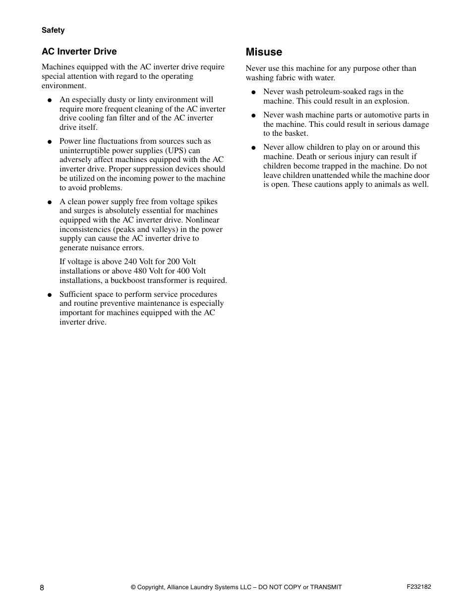 Ac inverter drive, Misuse | Alliance Laundry Systems F232182R1 User Manual | Page 10 / 34