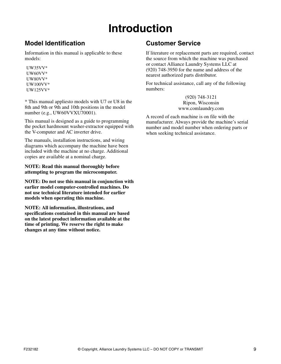 Introduction, Model identification, Customer service | Alliance Laundry Systems F232182R1 User Manual | Page 11 / 34
