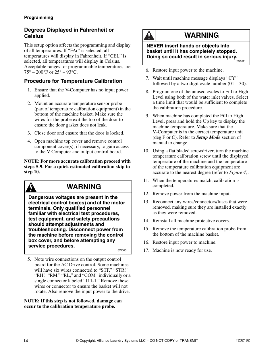 Warning | Alliance Laundry Systems F232182R1 User Manual | Page 16 / 34