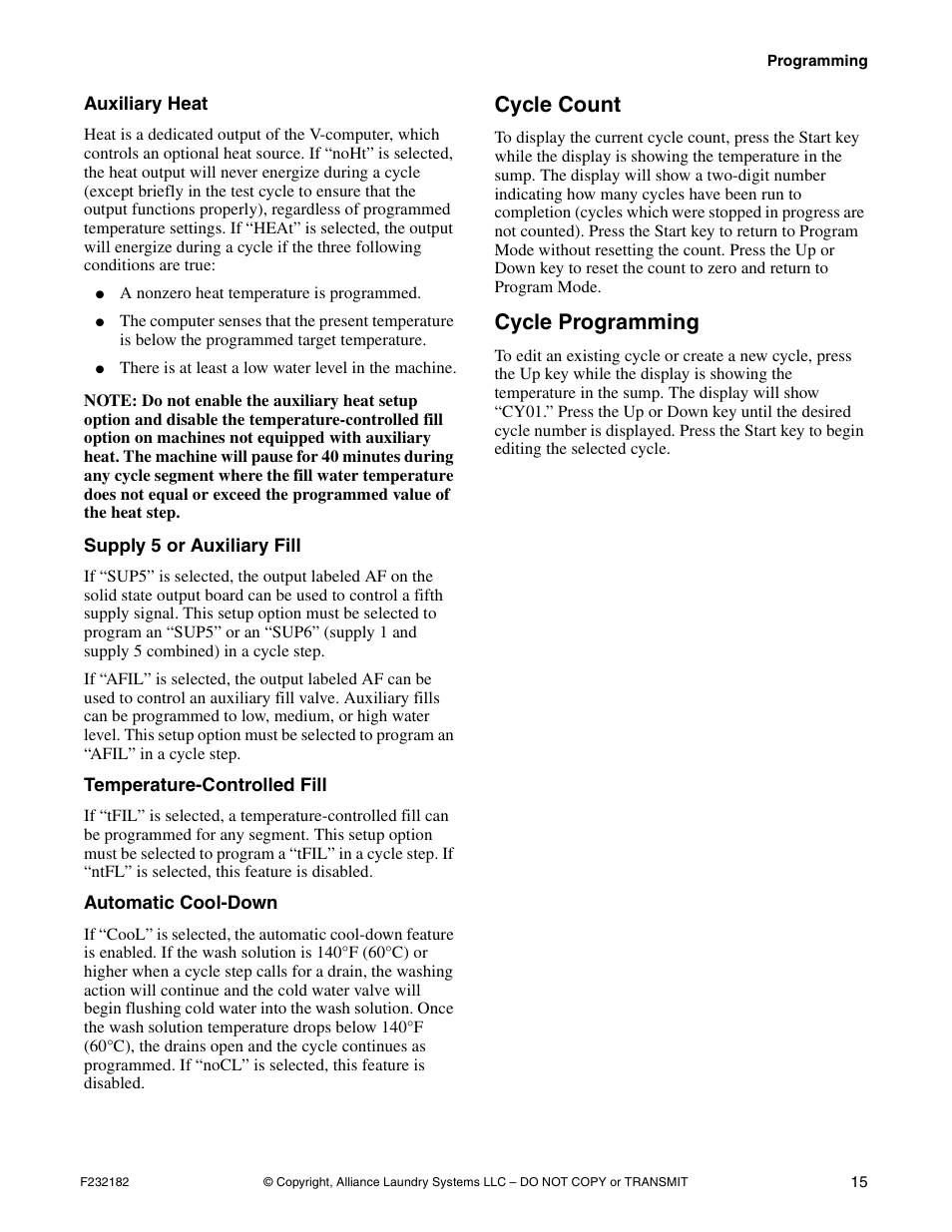 Cycle count cycle programming, Cycle count, Cycle programming | Alliance Laundry Systems F232182R1 User Manual | Page 17 / 34