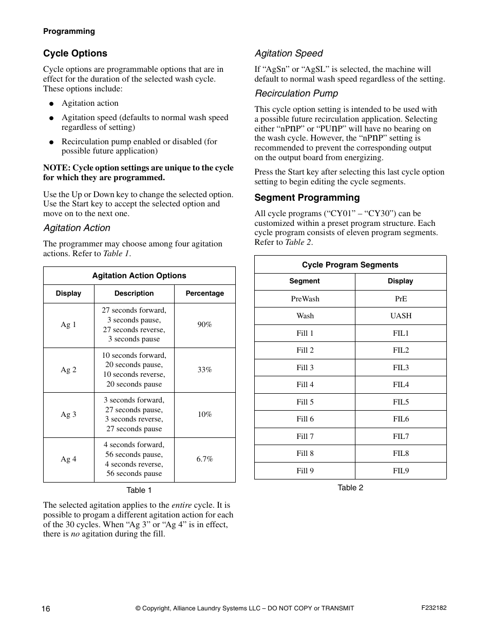 Cycle options segment programming | Alliance Laundry Systems F232182R1 User Manual | Page 18 / 34
