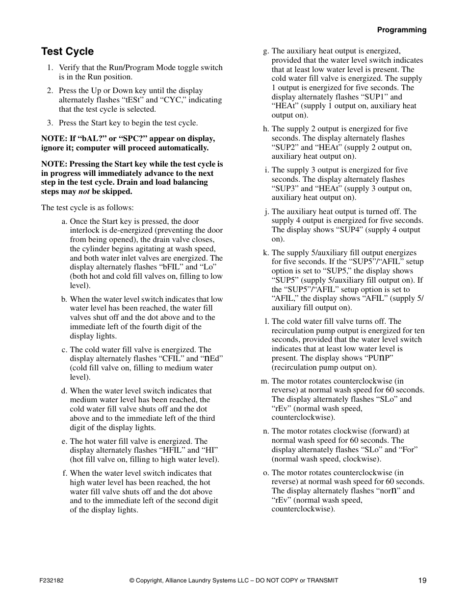 Test cycle | Alliance Laundry Systems F232182R1 User Manual | Page 21 / 34