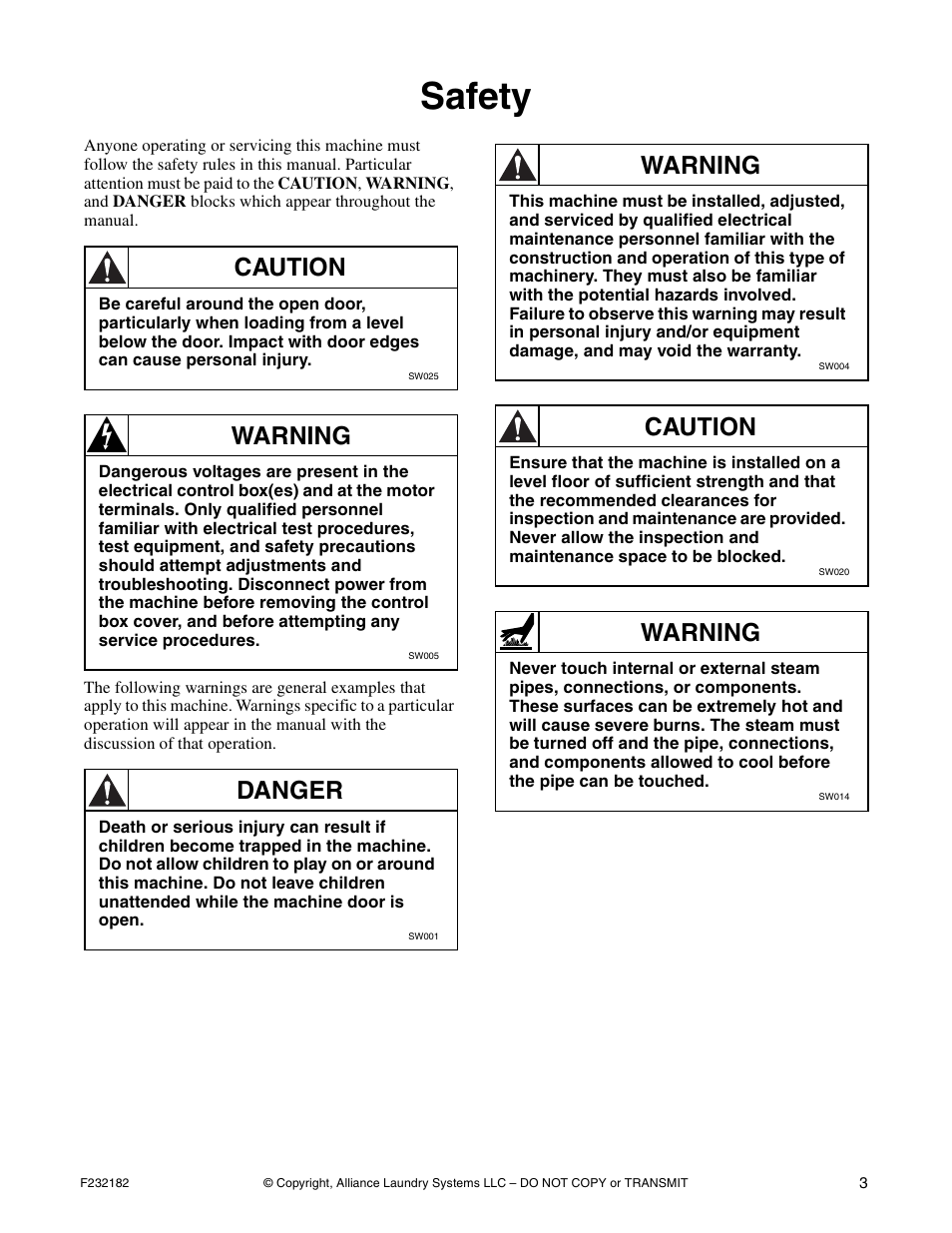 Safety, Caution, Warning | Danger | Alliance Laundry Systems F232182R1 User Manual | Page 5 / 34