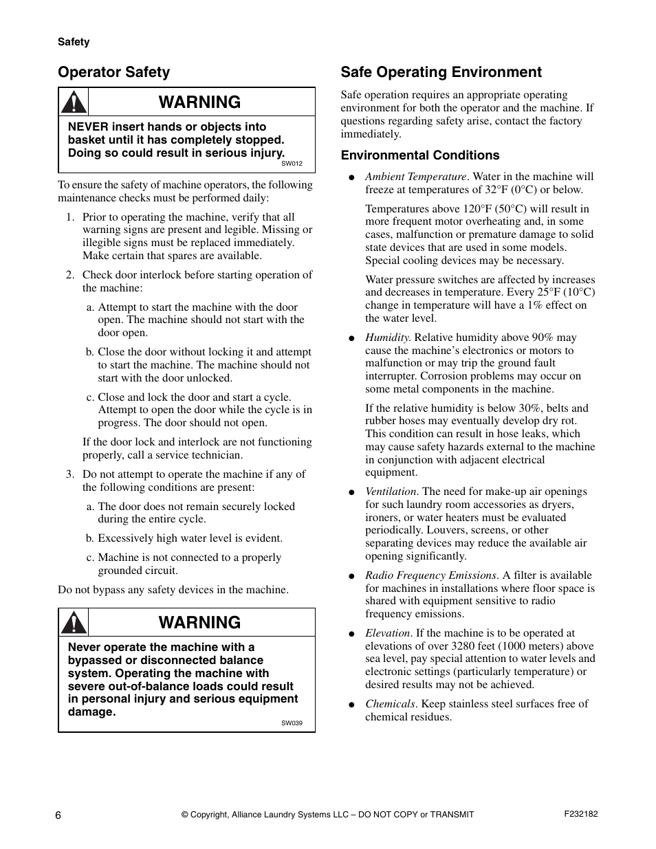 Operator safety, Safe operating environment, Environmental conditions | Warning | Alliance Laundry Systems F232182R1 User Manual | Page 8 / 34